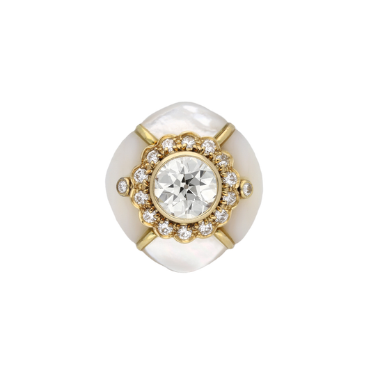 Fred French 1970s 18KT Yellow Gold Mother of Pearl & Diamond Ring front