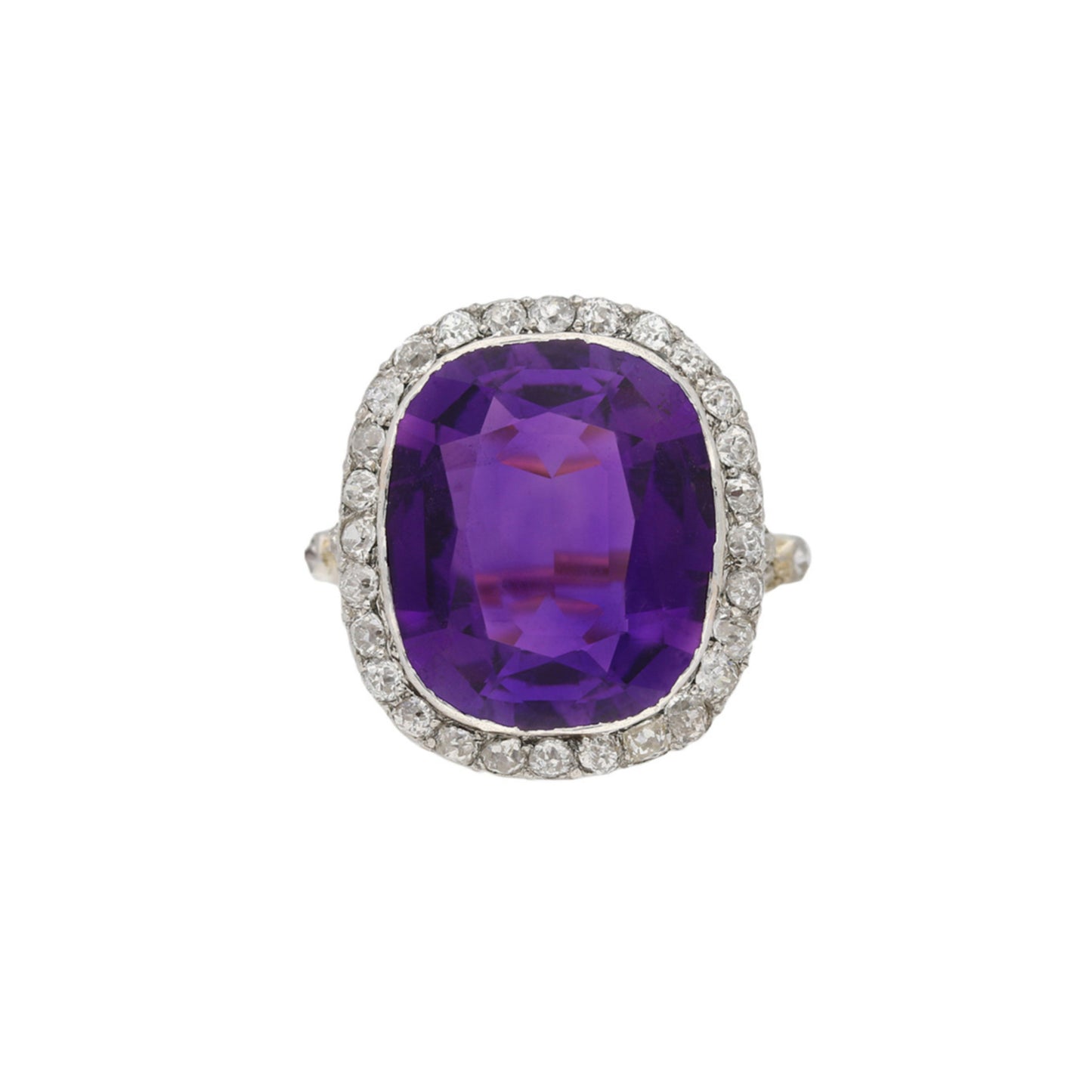 Victorian Silver & 18KT Yellow Gold Amethyst & Diamond Ring front