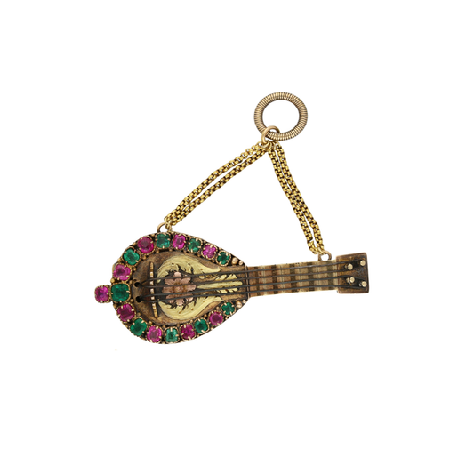 Georgian 18KT Yellow Gold Ruby & Emerald Mandolin Locket Brooch / Pendant front