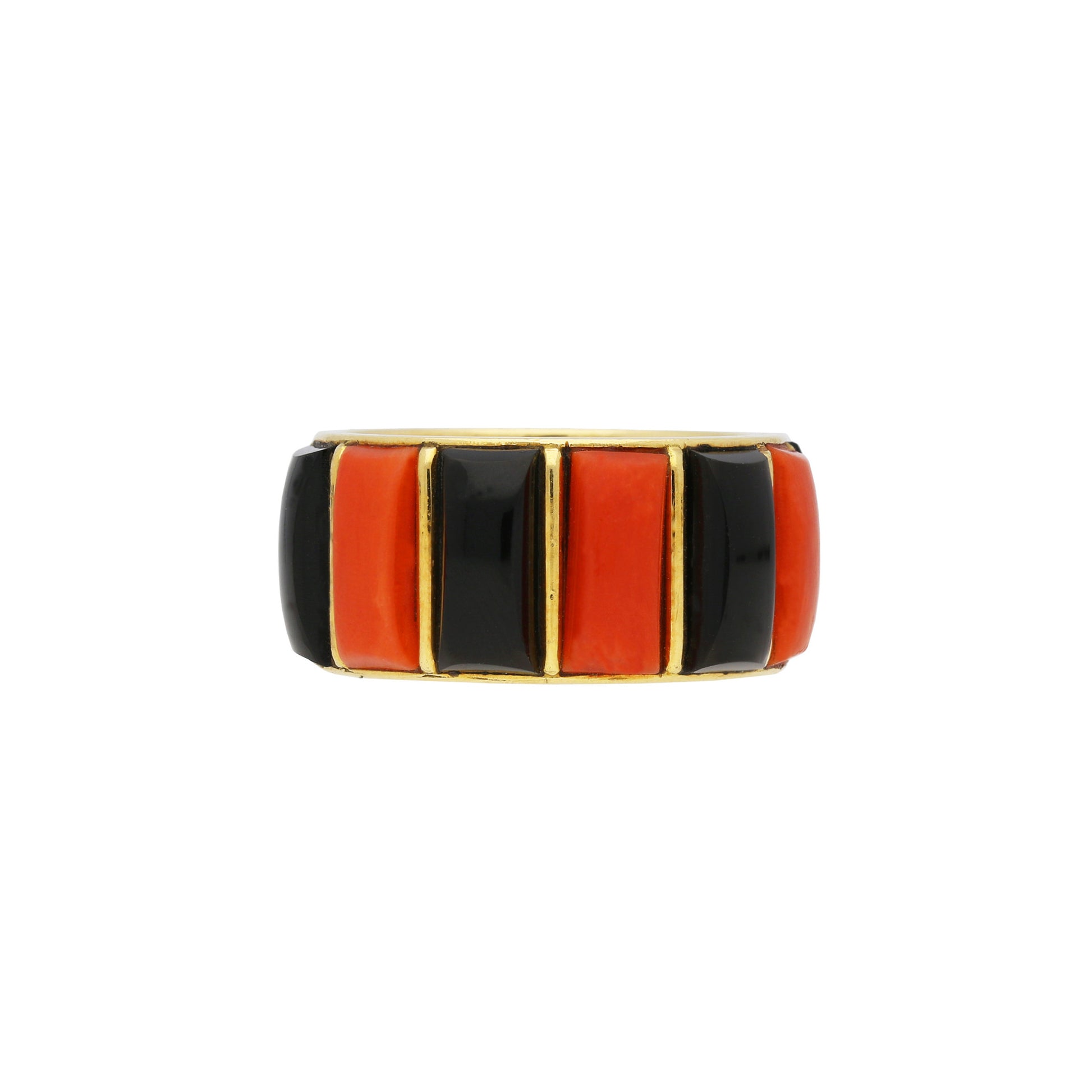 Cartier French 1970s 18KT Yellow Gold Coral & Onyx Ring front