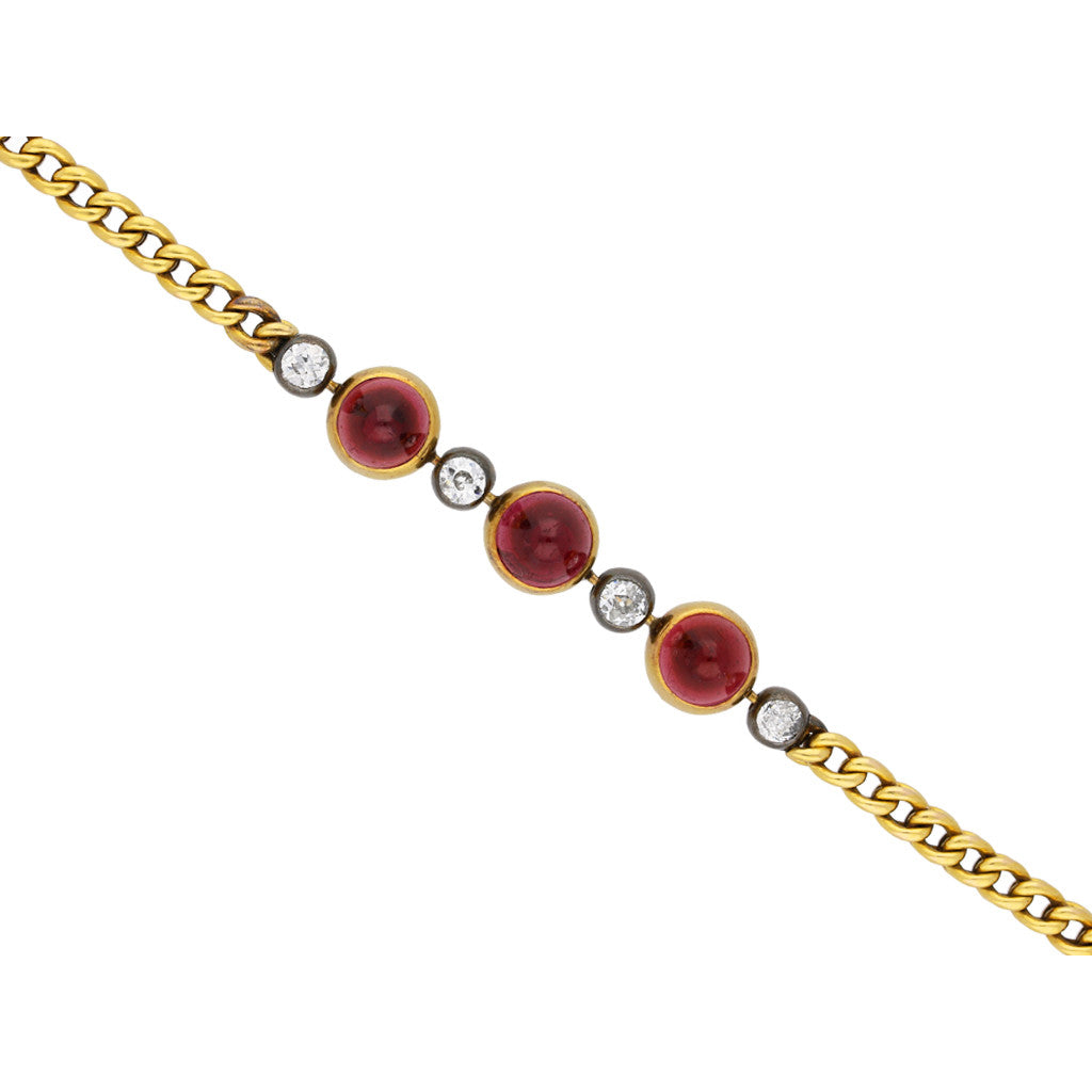 French Victorian Silver & 18KT Yellow Gold Garnet & Diamond Bracelet close up