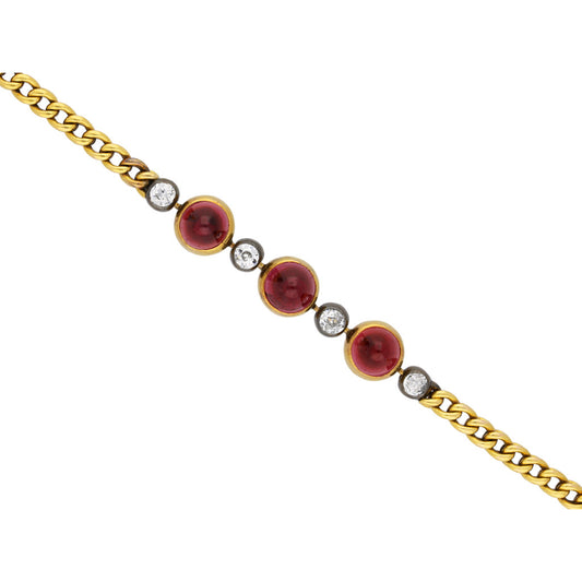 French Victorian Silver & 18KT Yellow Gold Garnet & Diamond Bracelet close up