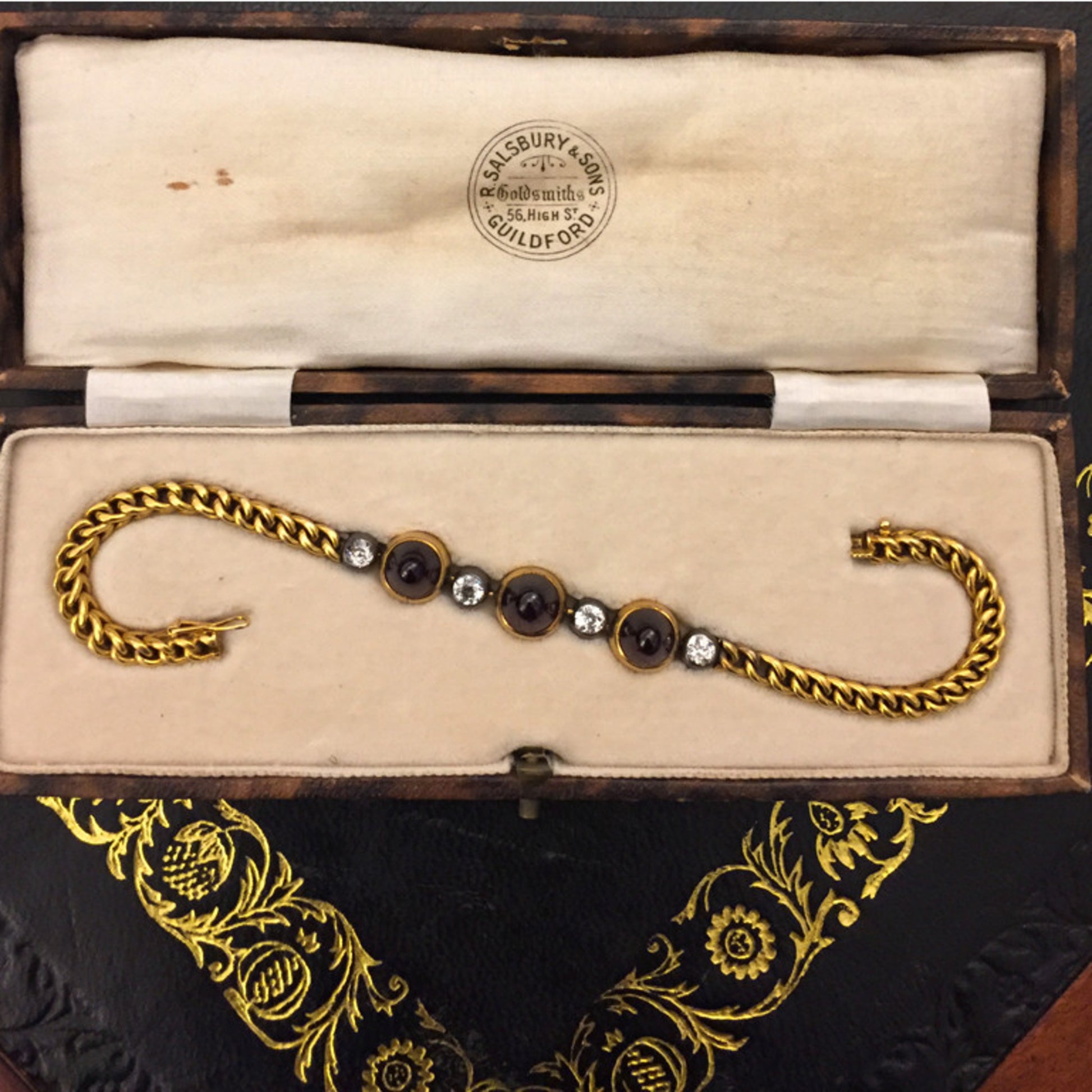 French Victorian Silver & 18KT Yellow Gold Garnet & Diamond Bracelet in box