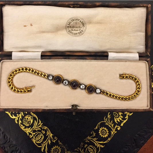 French Victorian Silver & 18KT Yellow Gold Garnet & Diamond Bracelet in box