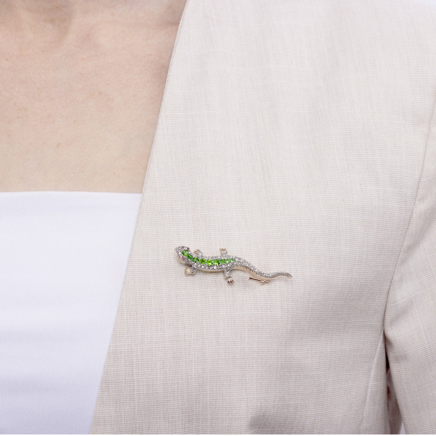 Victorian Silver & 18KT Rose Gold Demantoid, Diamond & Ruby Lizard Brooch on shirt