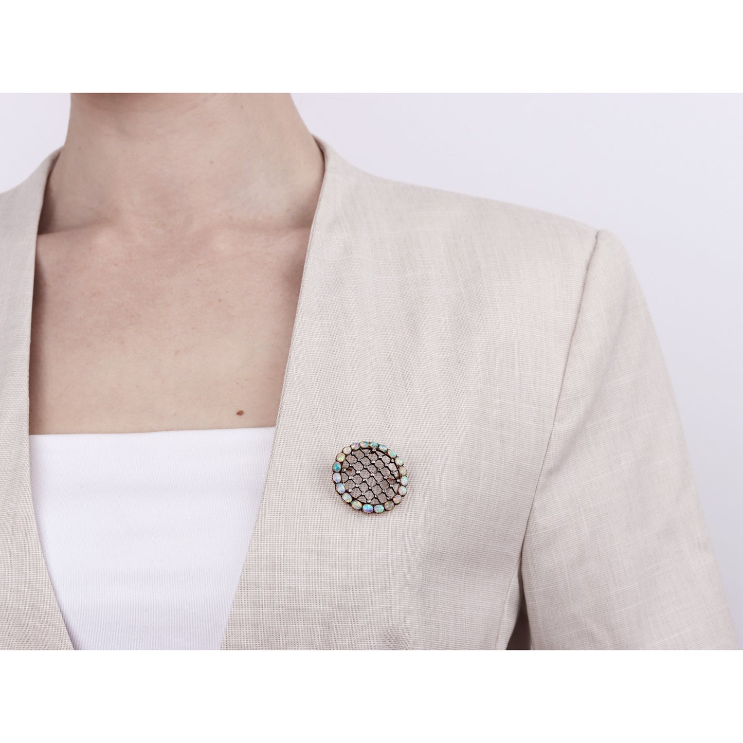 Victorian Silver & 18KT Rose Gold Opal & Diamond Brooch on blouse