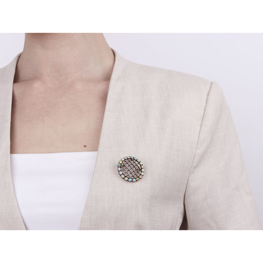 Victorian Silver & 18KT Rose Gold Opal & Diamond Brooch on blouse