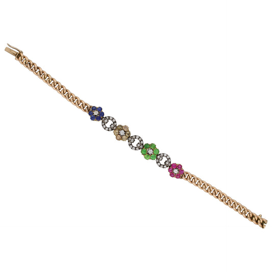English Victorian Silver & 9KT Yellow Gold Diamond, Demantoid, Ruby & Sapphire Bracelet front