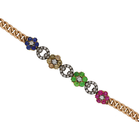 English Victorian Silver & 9KT Yellow Gold Diamond, Demantoid, Ruby & Sapphire Bracelet close up