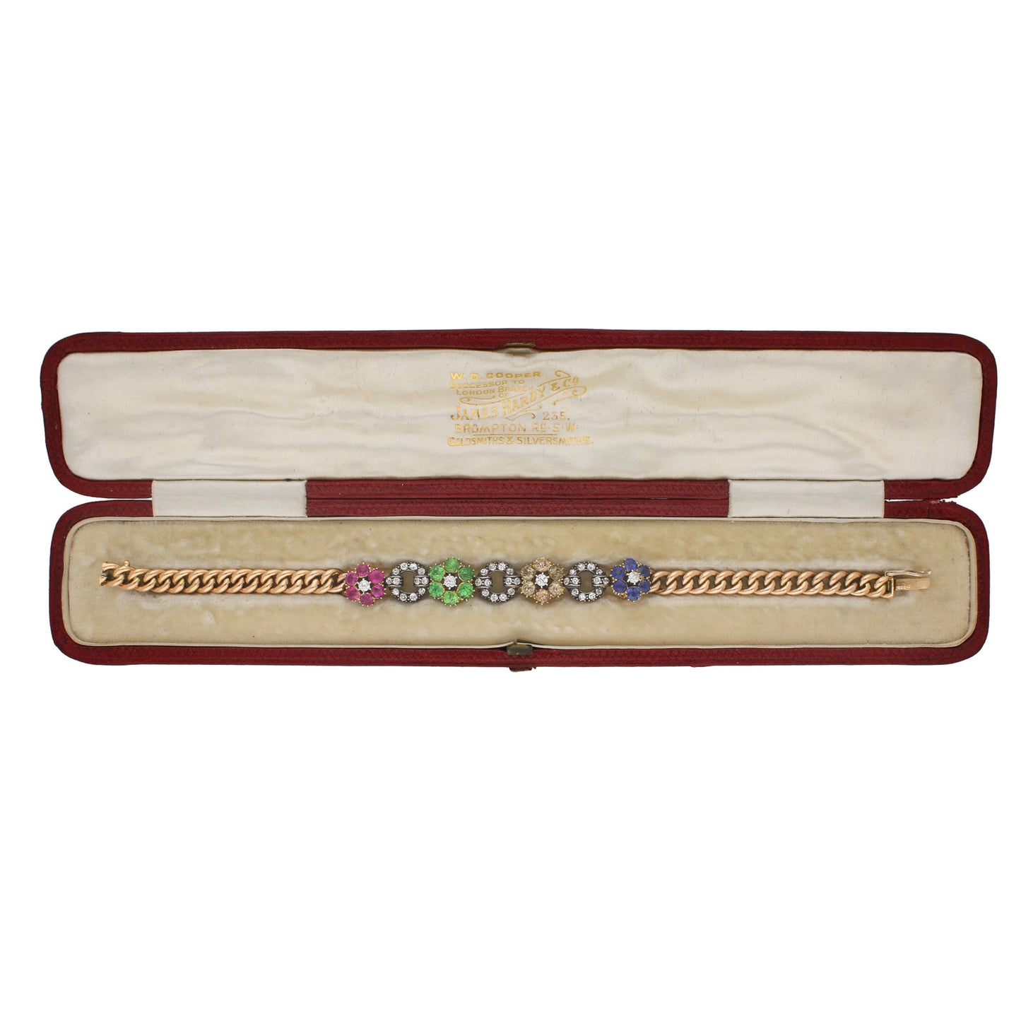 English Victorian Silver & 9KT Yellow Gold Diamond, Demantoid, Ruby & Sapphire Bracelet in box