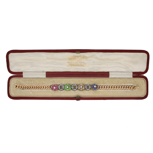 English Victorian Silver & 9KT Yellow Gold Diamond, Demantoid, Ruby & Sapphire Bracelet in box