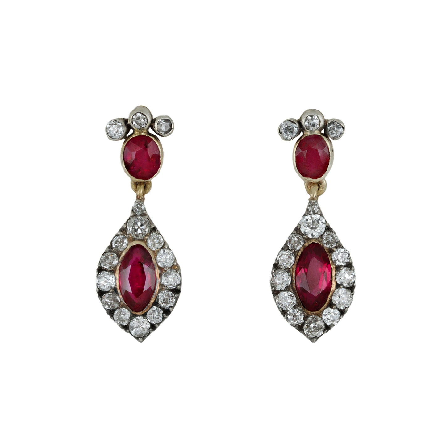 Victorian Silver & 18KT Yellow Gold Ruby & Diamond Earrings front