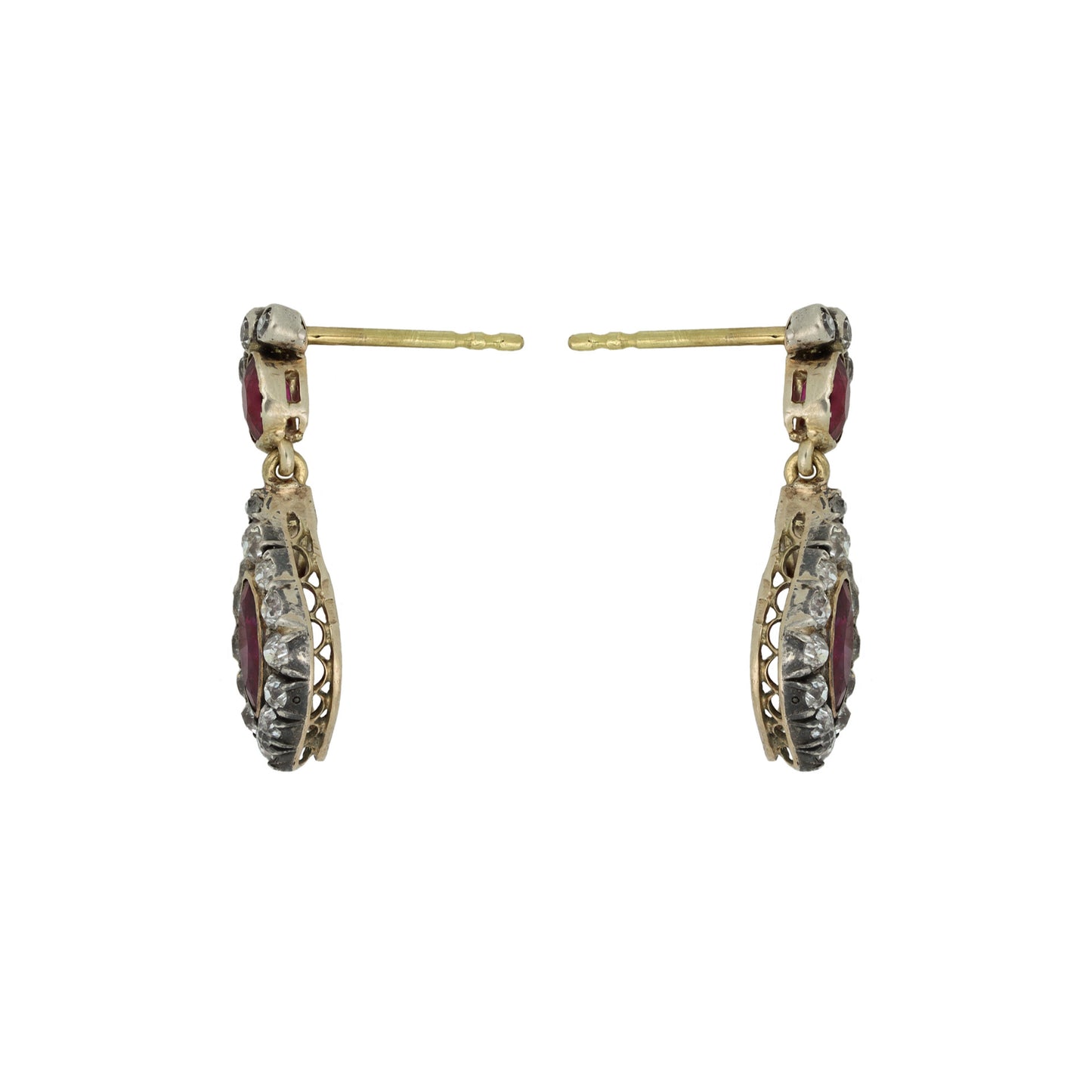 Victorian Silver & 18KT Yellow Gold Ruby & Diamond Earrings side