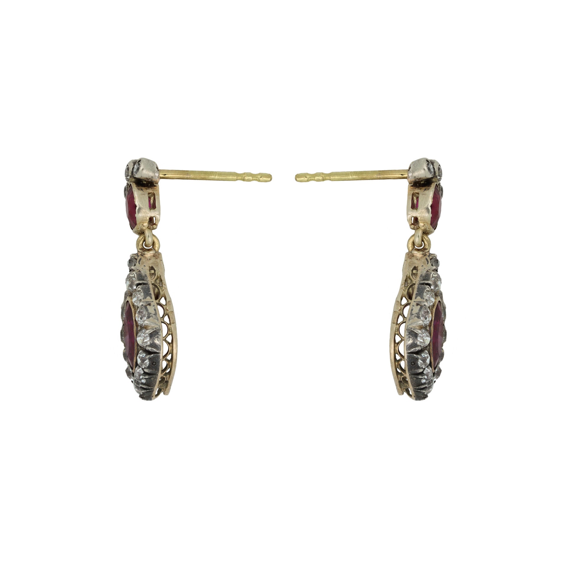 Victorian Silver & 18KT Yellow Gold Ruby & Diamond Earrings side