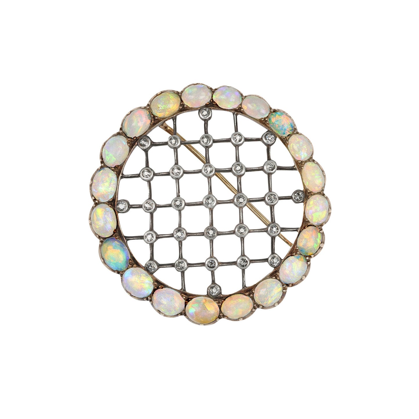 Victorian Silver & 18KT Rose Gold Opal & Diamond Brooch front