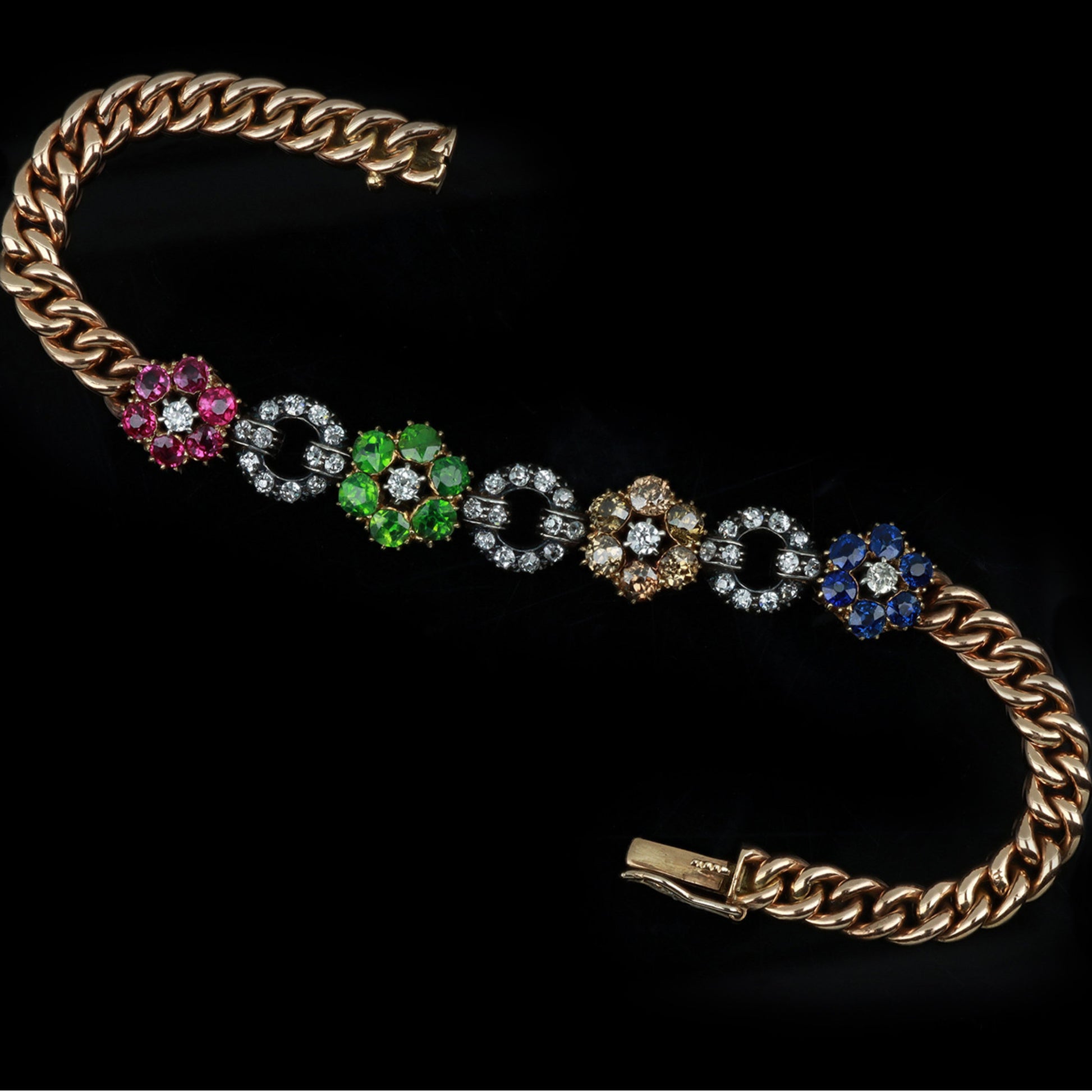 English Victorian Silver & 9KT Yellow Gold Diamond, Demantoid, Ruby & Sapphire Bracelet front