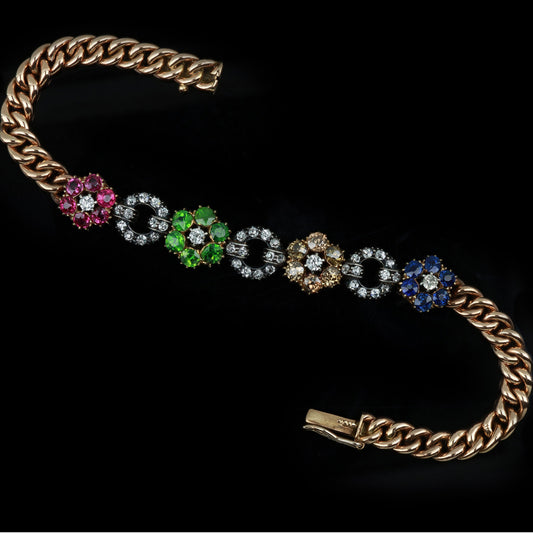 English Victorian Silver & 9KT Yellow Gold Diamond, Demantoid, Ruby & Sapphire Bracelet front