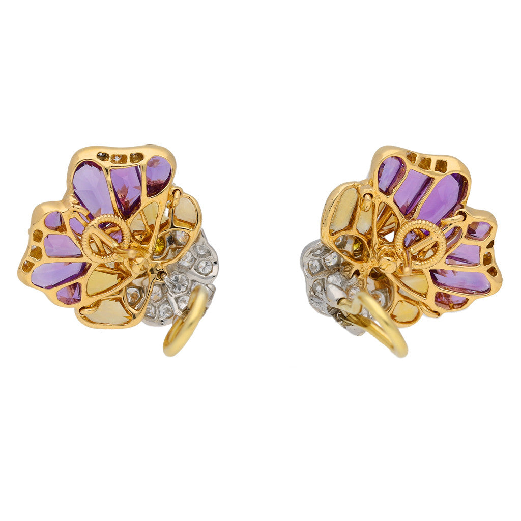 Oscar Heyman Bros. Post-1980s Platinum & 18KT Yellow Gold Diamond, Amethyst & Citrine Pansy Earrings back