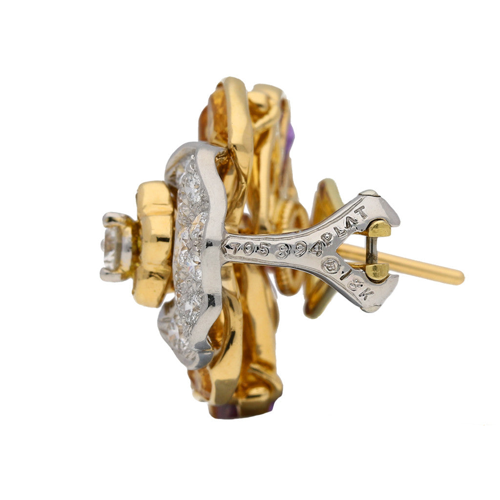 Oscar Heyman Bros. Post-1980s Platinum & 18KT Yellow Gold Diamond, Amethyst & Citrine Pansy Earrings side