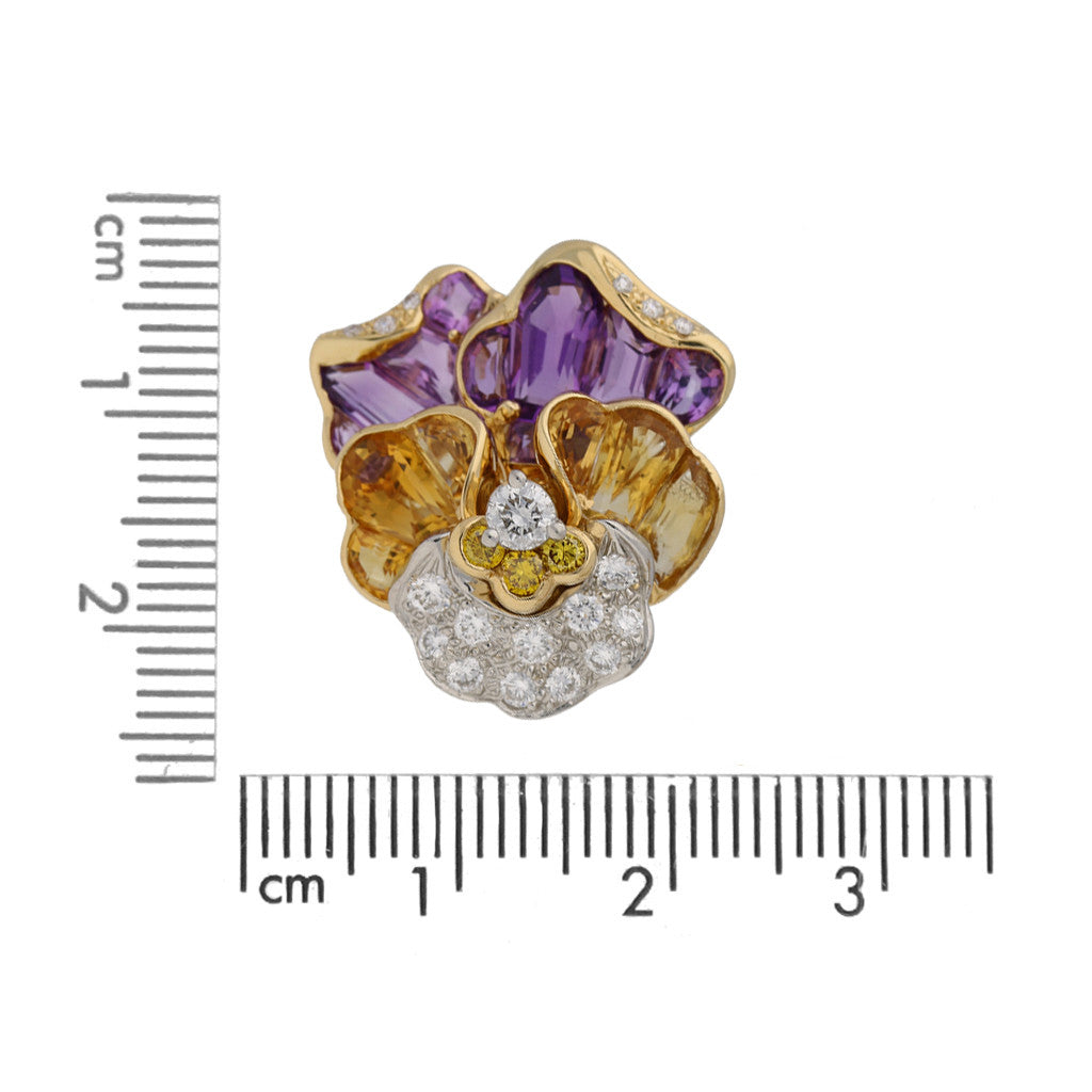 Oscar Heyman Bros. Post-1980s Platinum & 18KT Yellow Gold Diamond, Amethyst & Citrine Pansy Earrings front