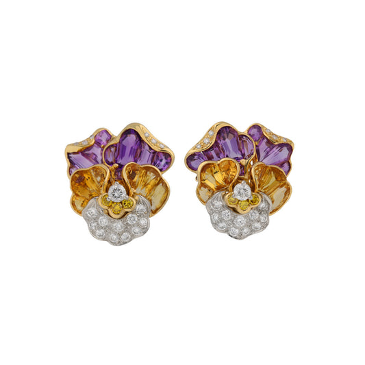Oscar Heyman Bros. Post-1980s Platinum & 18KT Yellow Gold Diamond, Amethyst & Citrine Pansy Earrings front