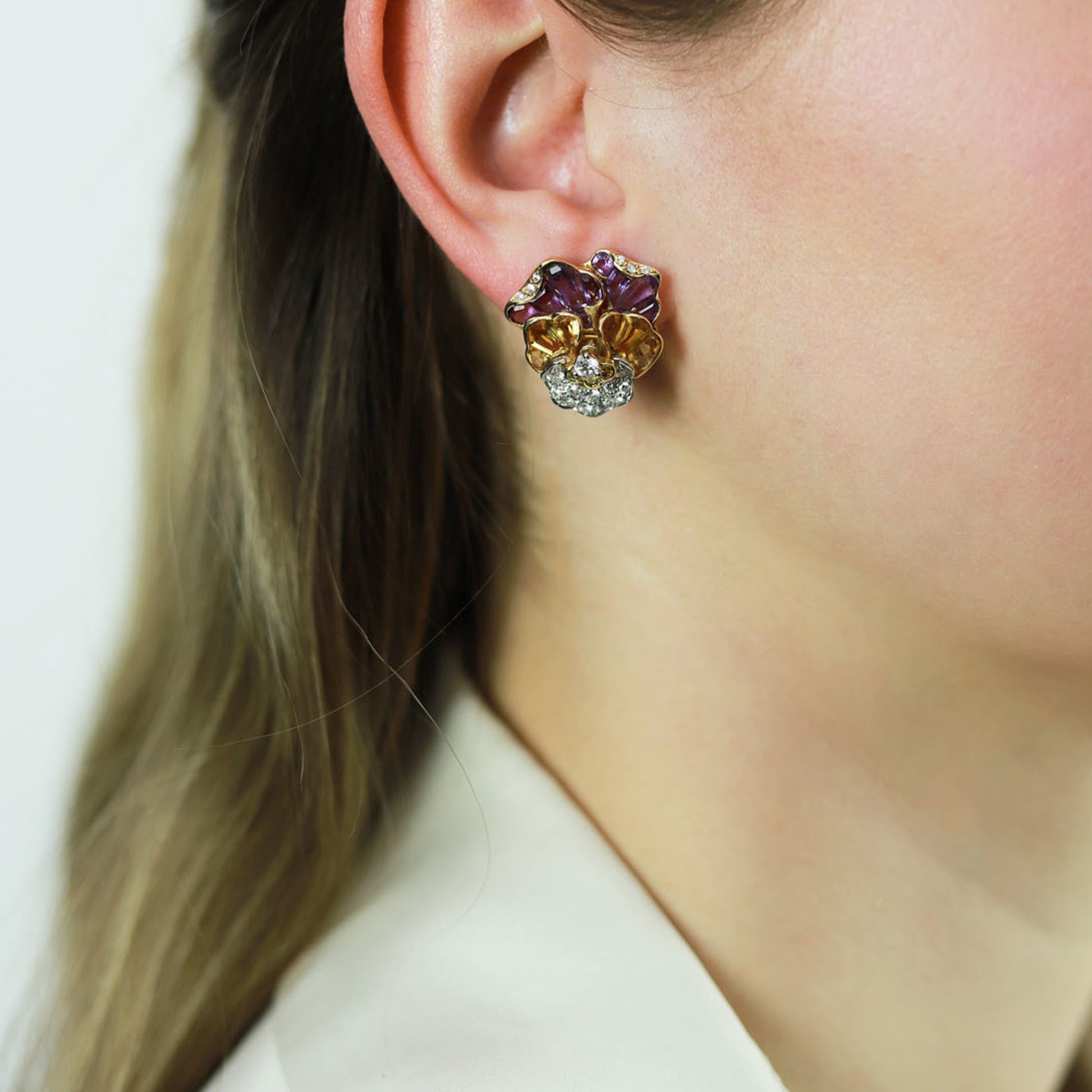 Oscar Heyman Bros. Post-1980s Platinum & 18KT Yellow Gold Diamond, Amethyst & Citrine Pansy Earrings on ear