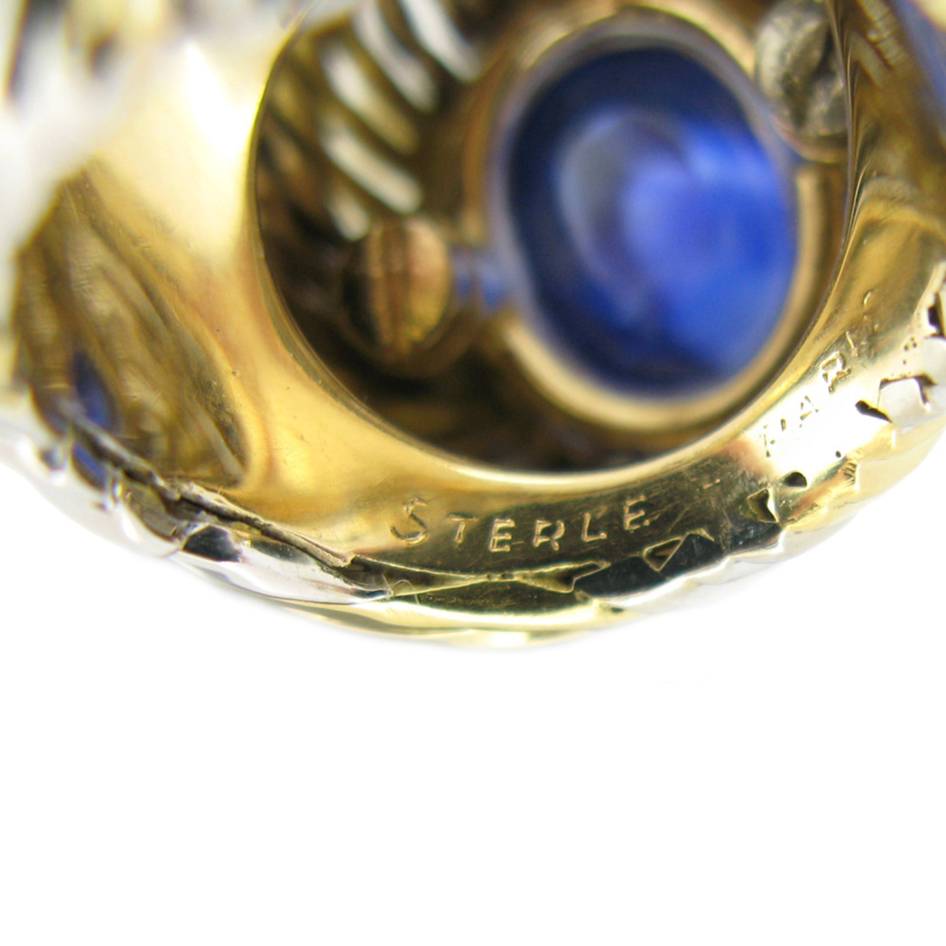 Pierre Sterle 1950s 18KT White & Yellow Gold Sapphire & Diamond Ring close-up of signature