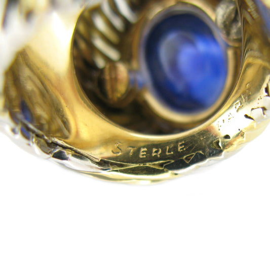 Pierre Sterle 1950s 18KT White & Yellow Gold Sapphire & Diamond Ring close-up of signature