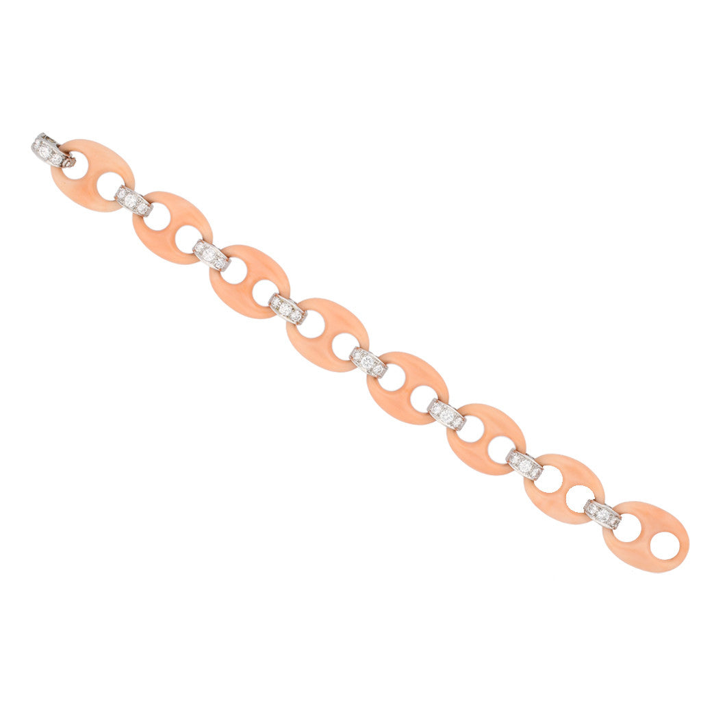 Italian 1970s 18KT White Gold Coral & Diamond Bracelet front