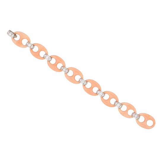 Italian 1970s 18KT White Gold Coral & Diamond Bracelet front