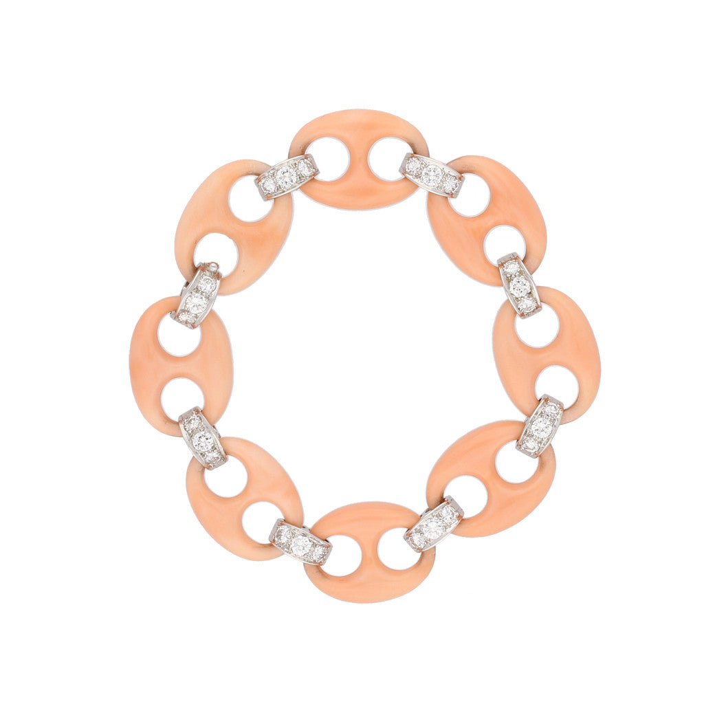 Italian 1970s 18KT White Gold Coral & Diamond Bracelet front