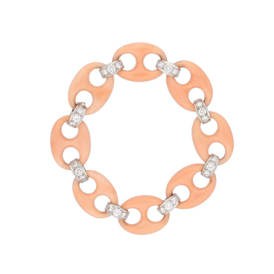 Italian 1970s 18KT White Gold Coral & Diamond Bracelet front