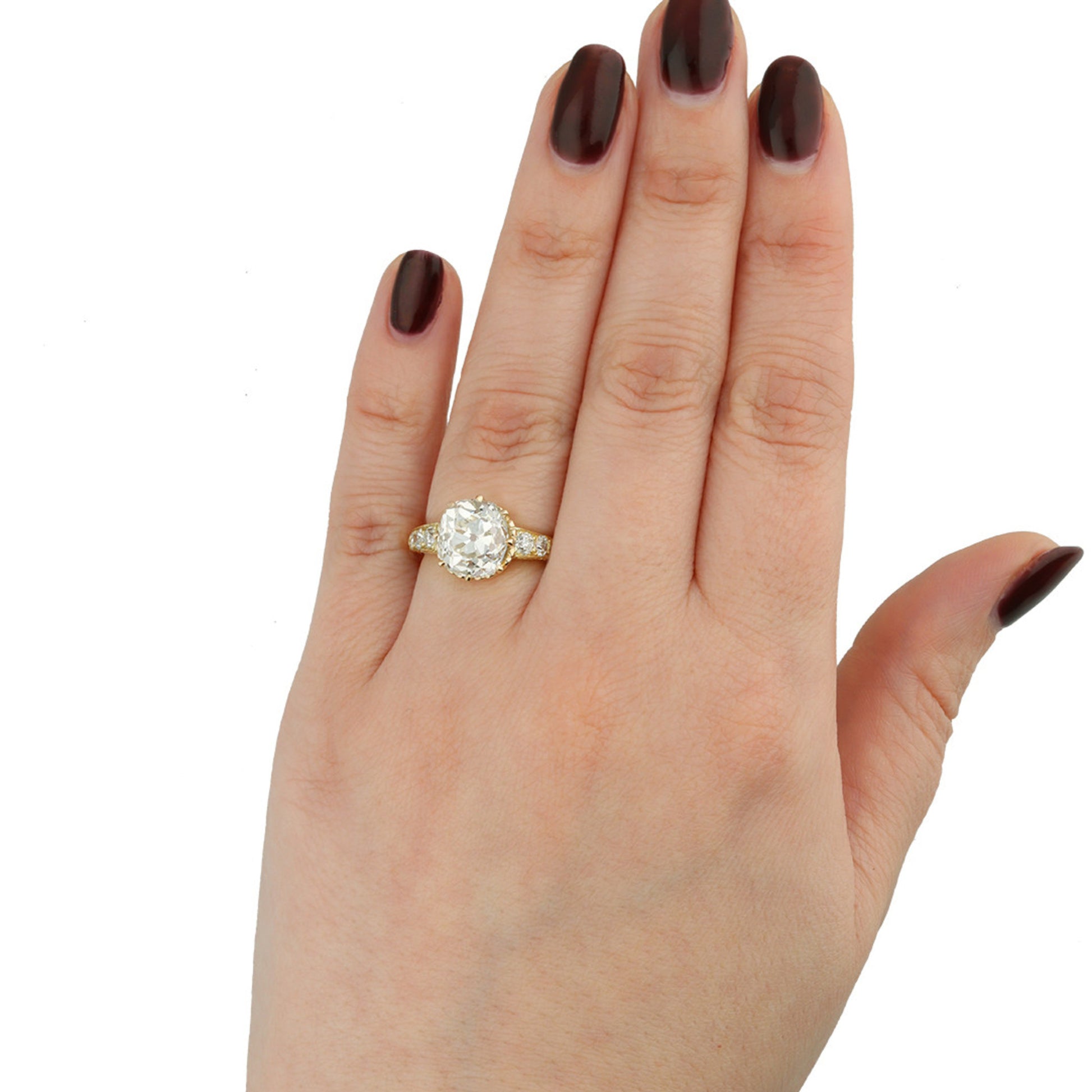 Victorian Diamond in Modern 18KT Yellow Gold Diamond Ring on finger