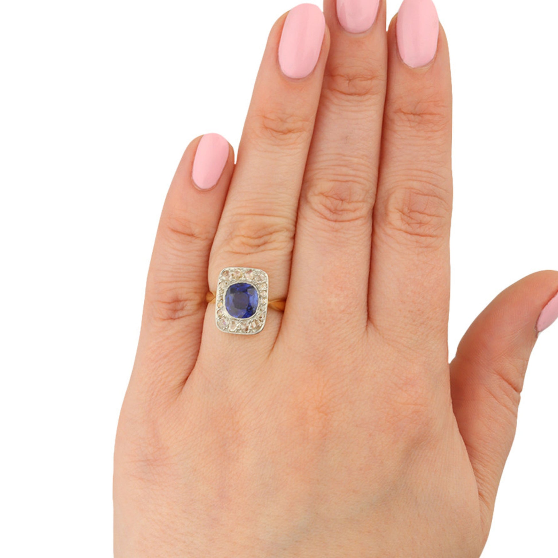 Edwardian Platinum & 18KT Yellow Gold Sapphire & Diamond Ring on finger