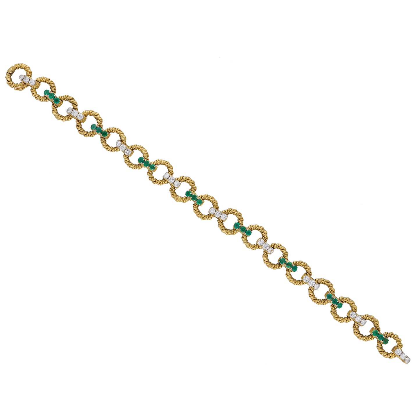 Boucheron Paris 1970s Platinum & 18KT Yellow Gold Emerald & Diamond Bracelet front