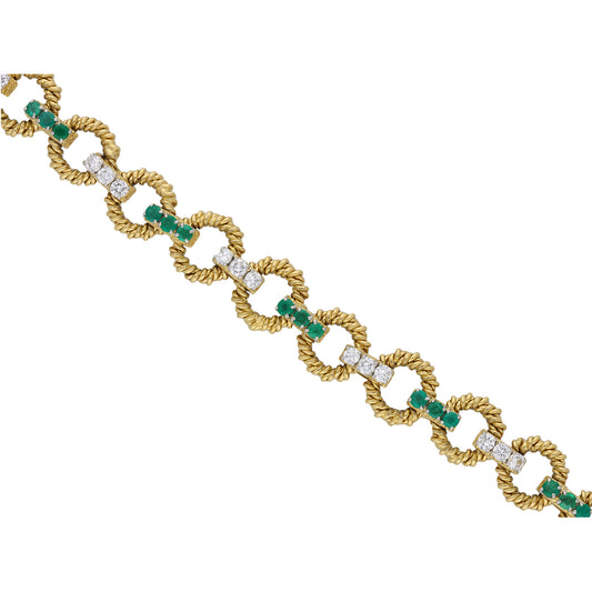 Boucheron Paris 1970s Platinum & 18KT Yellow Gold Emerald & Diamond Bracelet close up