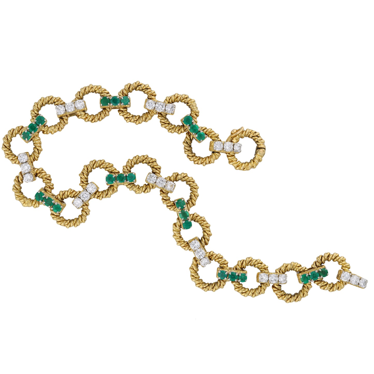 Boucheron Paris 1970s Platinum & 18KT Yellow Gold Emerald & Diamond Bracelet front