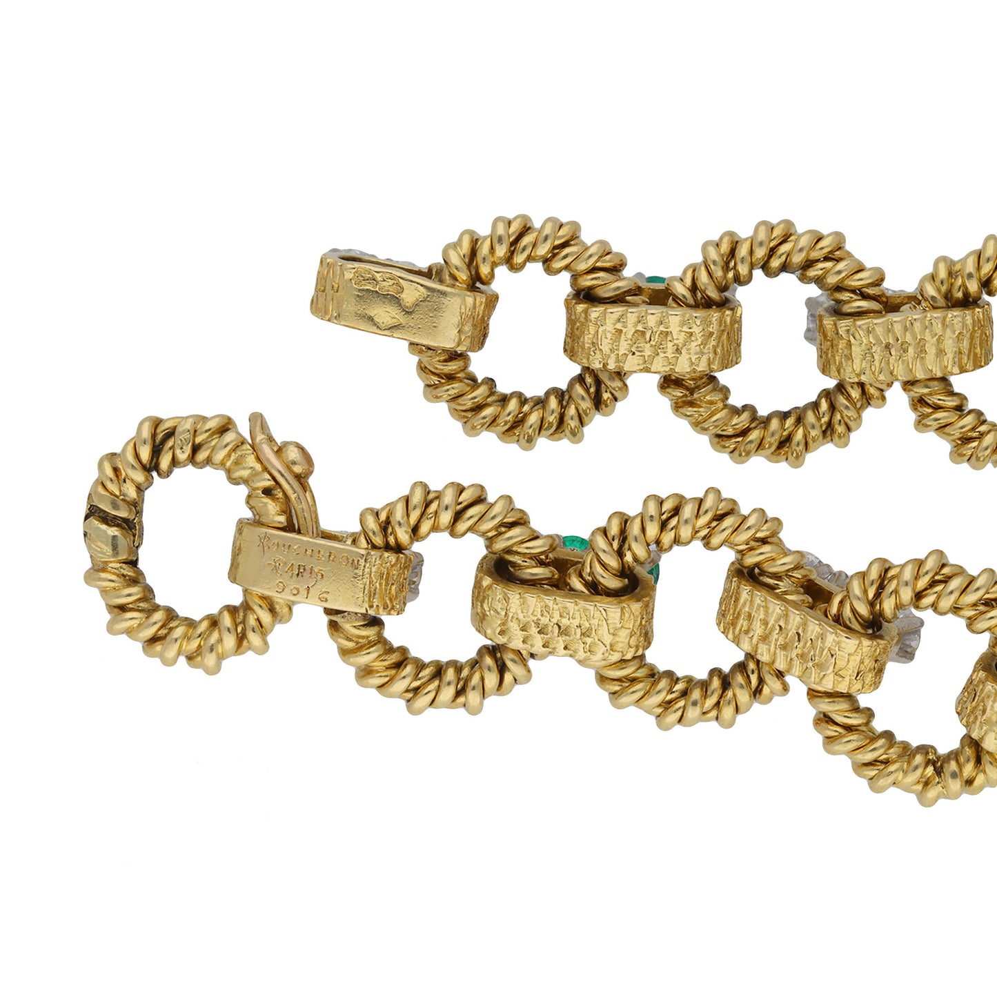 Boucheron Paris 1970s Platinum & 18KT Yellow Gold Emerald & Diamond Bracelet signature