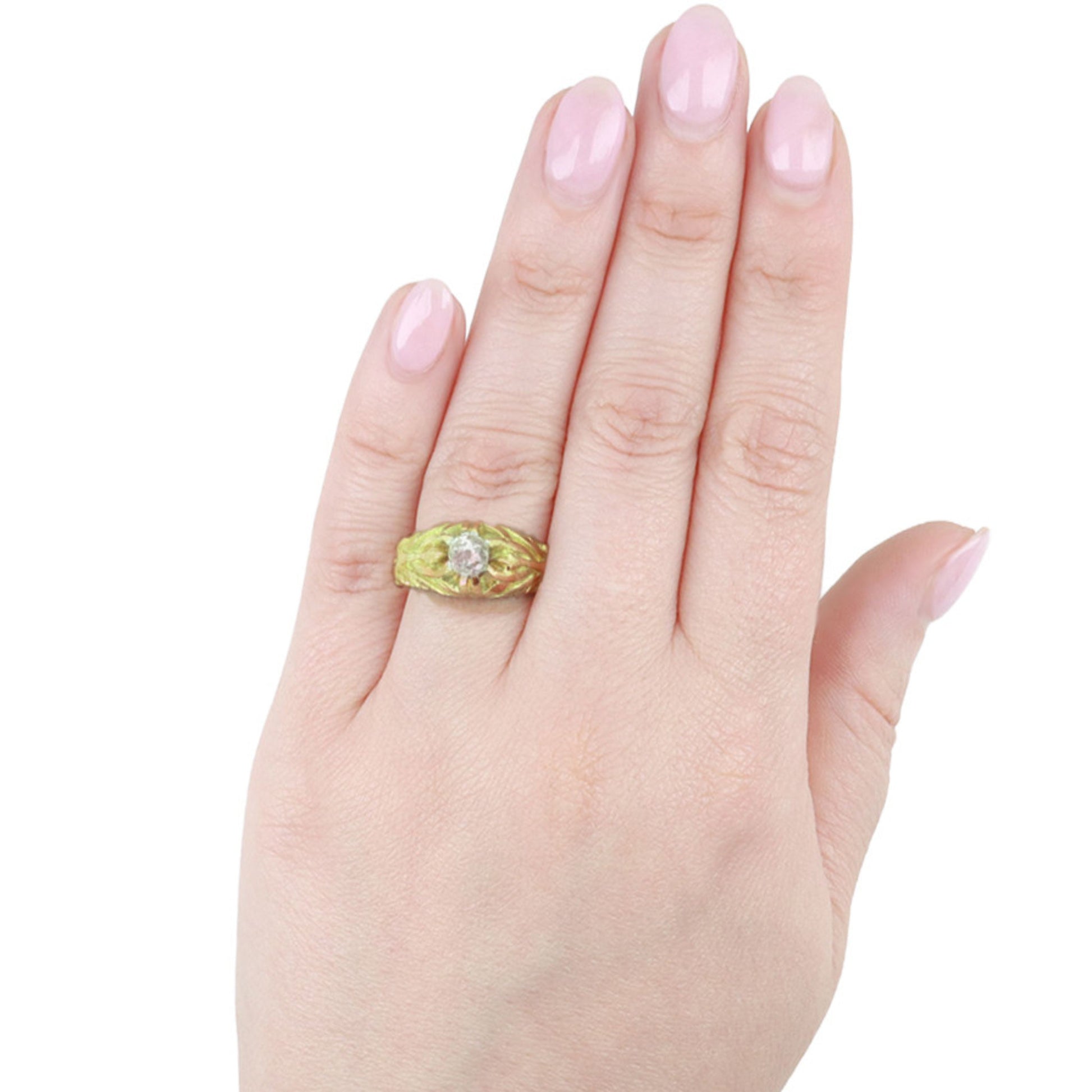 Art Nouveau 18KT Yellow Gold Diamond Ring on finger