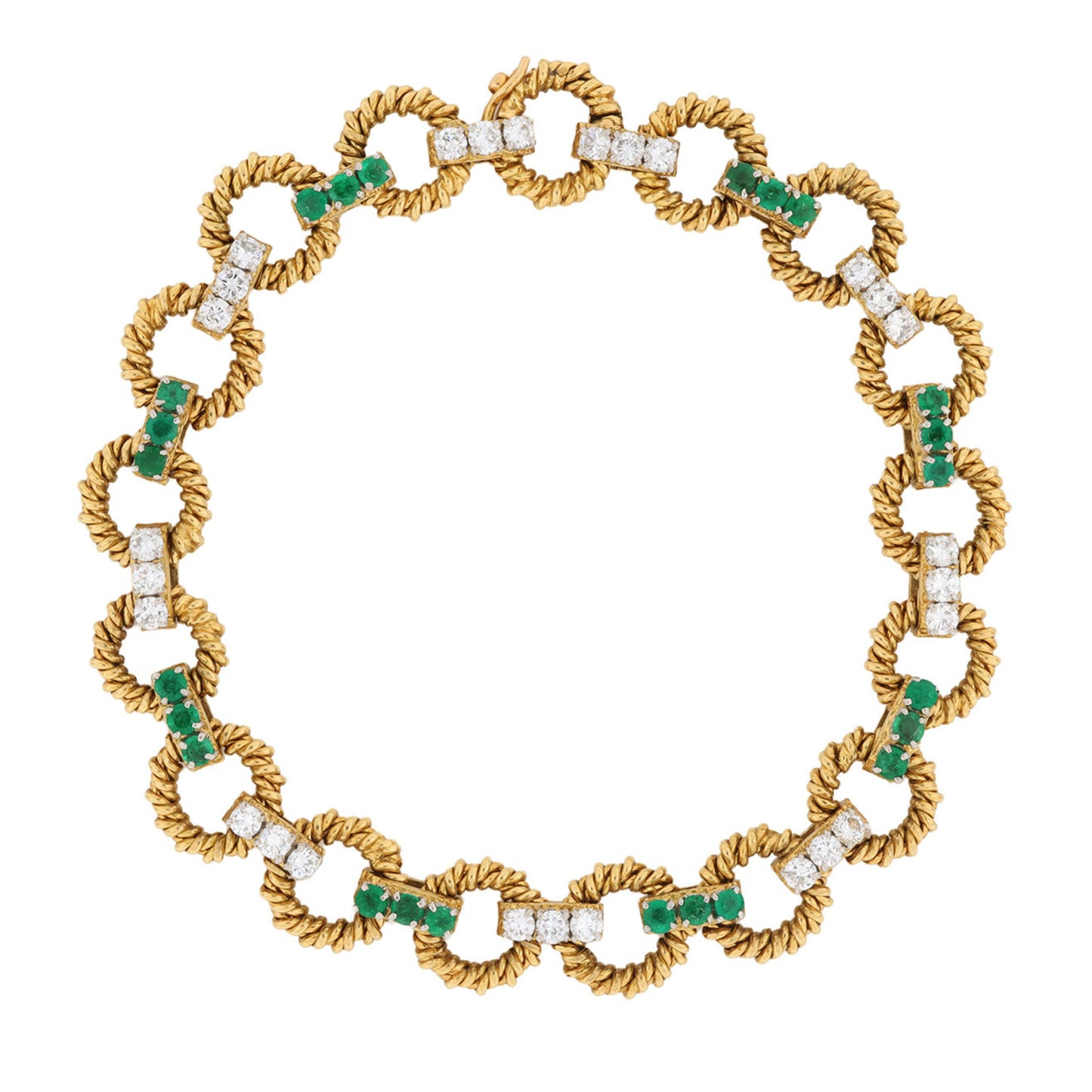 Boucheron Paris 1970s Platinum & 18KT Yellow Gold Emerald & Diamond Bracelet front