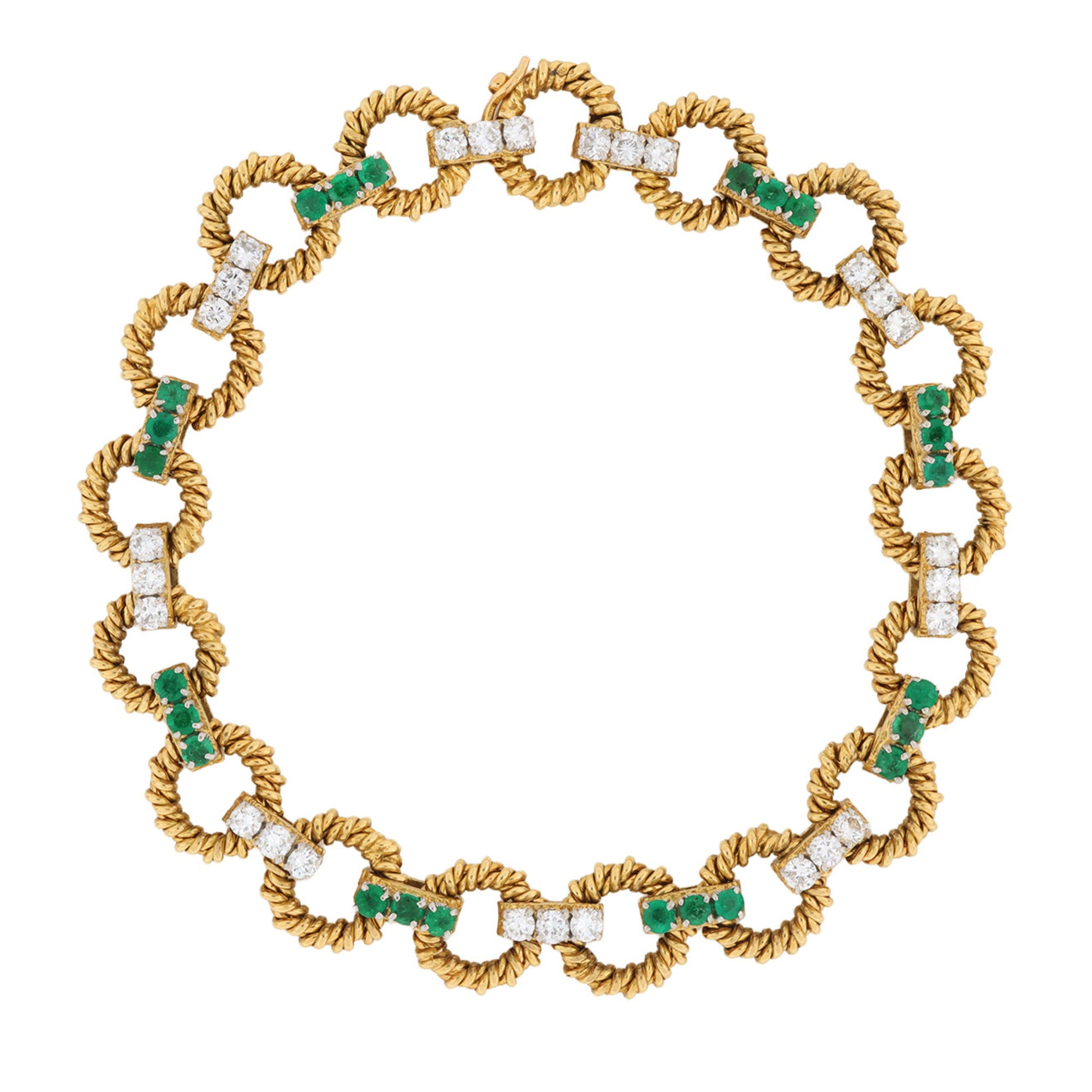 Boucheron Paris 1970s Platinum & 18KT Yellow Gold Emerald & Diamond Bracelet front