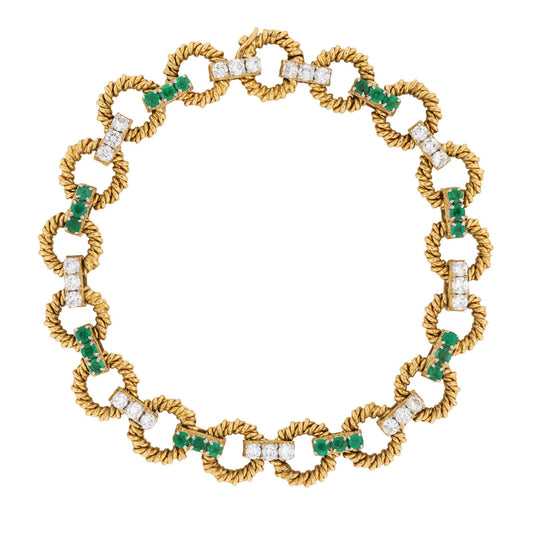 Boucheron Paris 1970s Platinum & 18KT Yellow Gold Emerald & Diamond Bracelet front