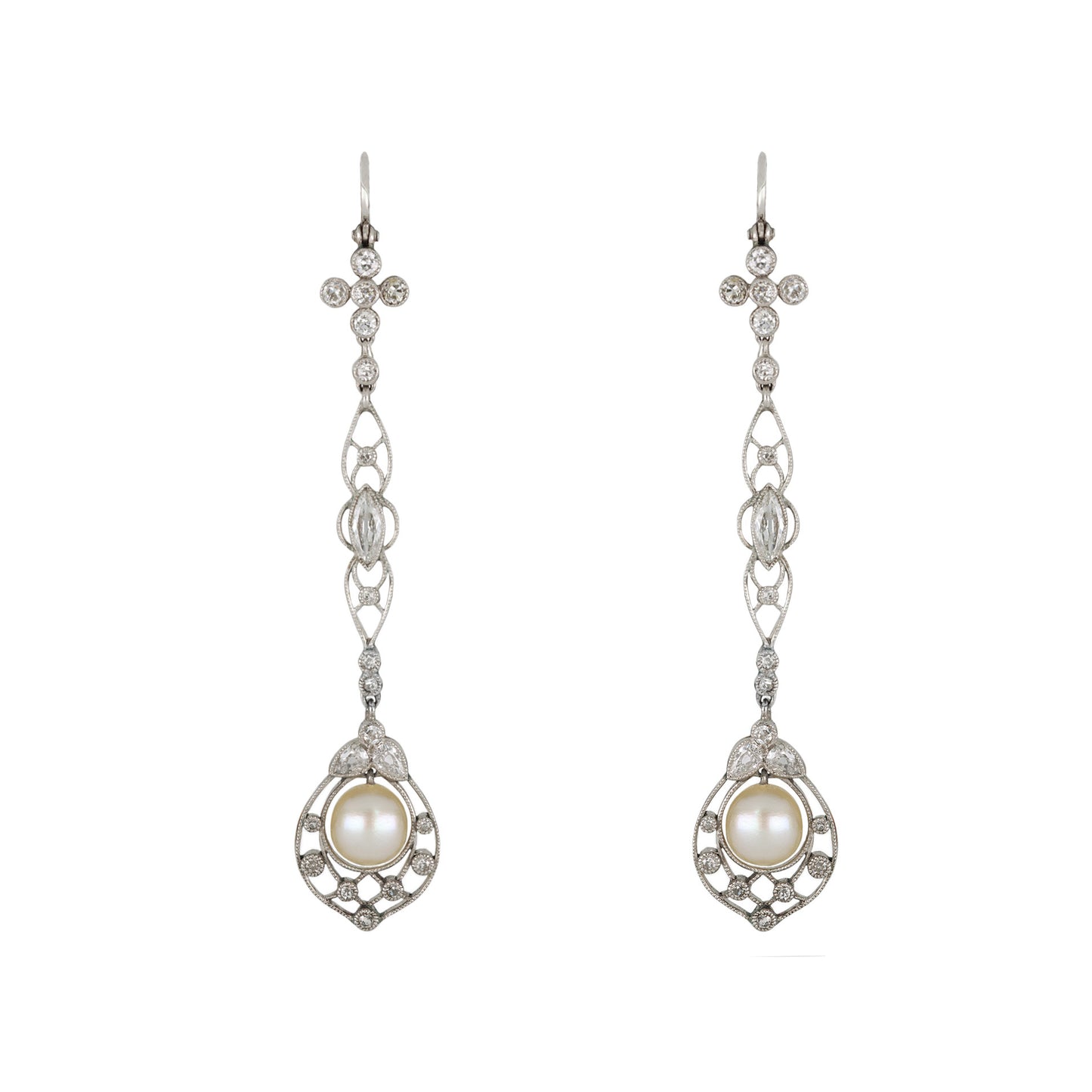 Edwardian Platinum Natural Pearl & Diamond Earrings front