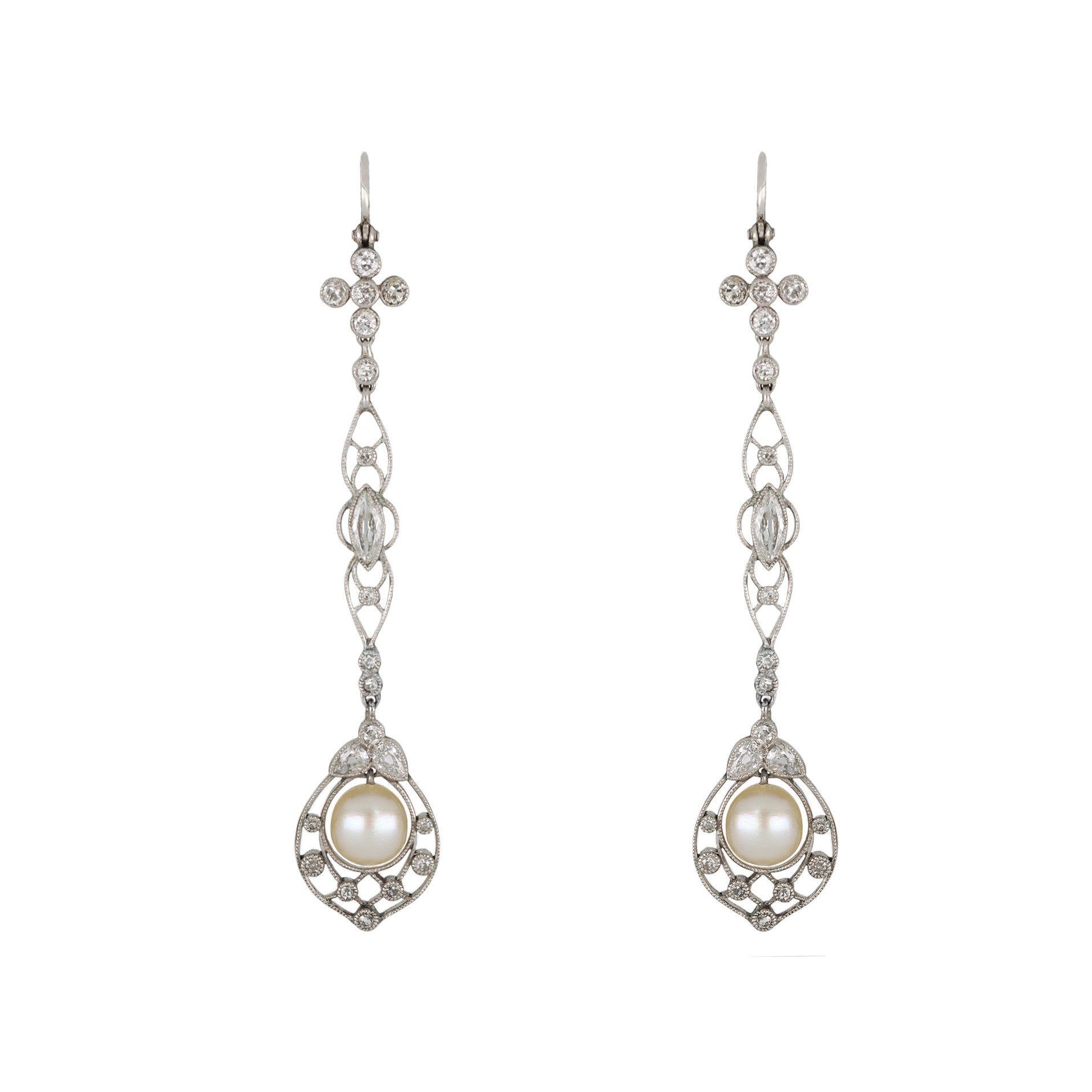 Edwardian Platinum Natural Pearl & Diamond Earrings front