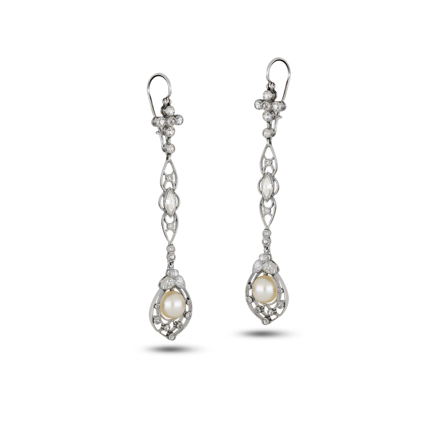 Edwardian Platinum Natural Pearl & Diamond Earrings front