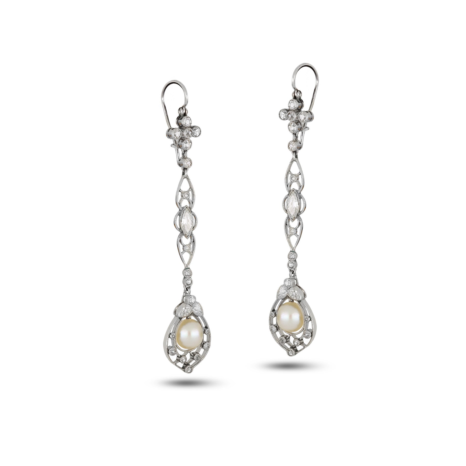 Edwardian Platinum Natural Pearl & Diamond Earrings front