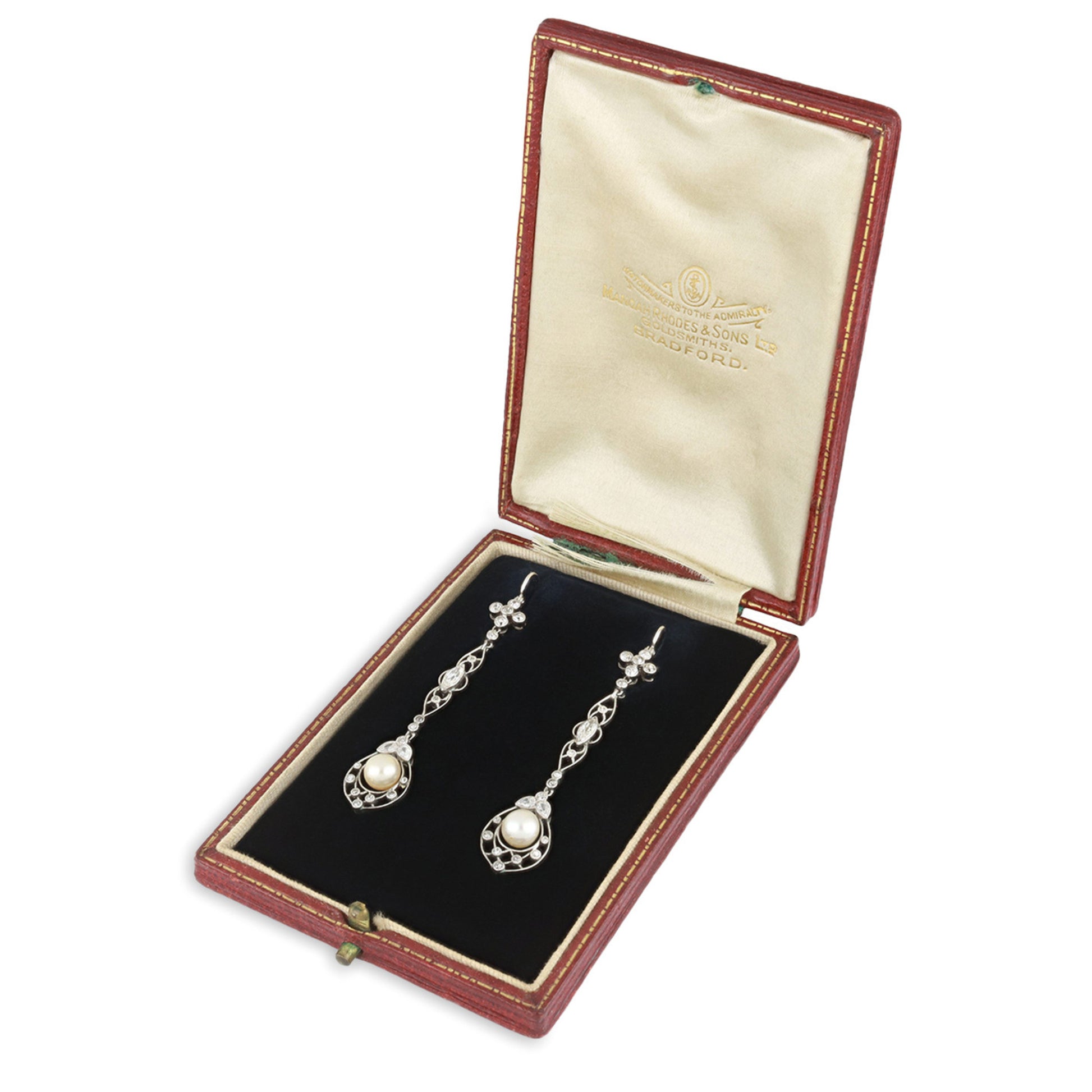 Edwardian Platinum Natural Pearl & Diamond Earrings in box