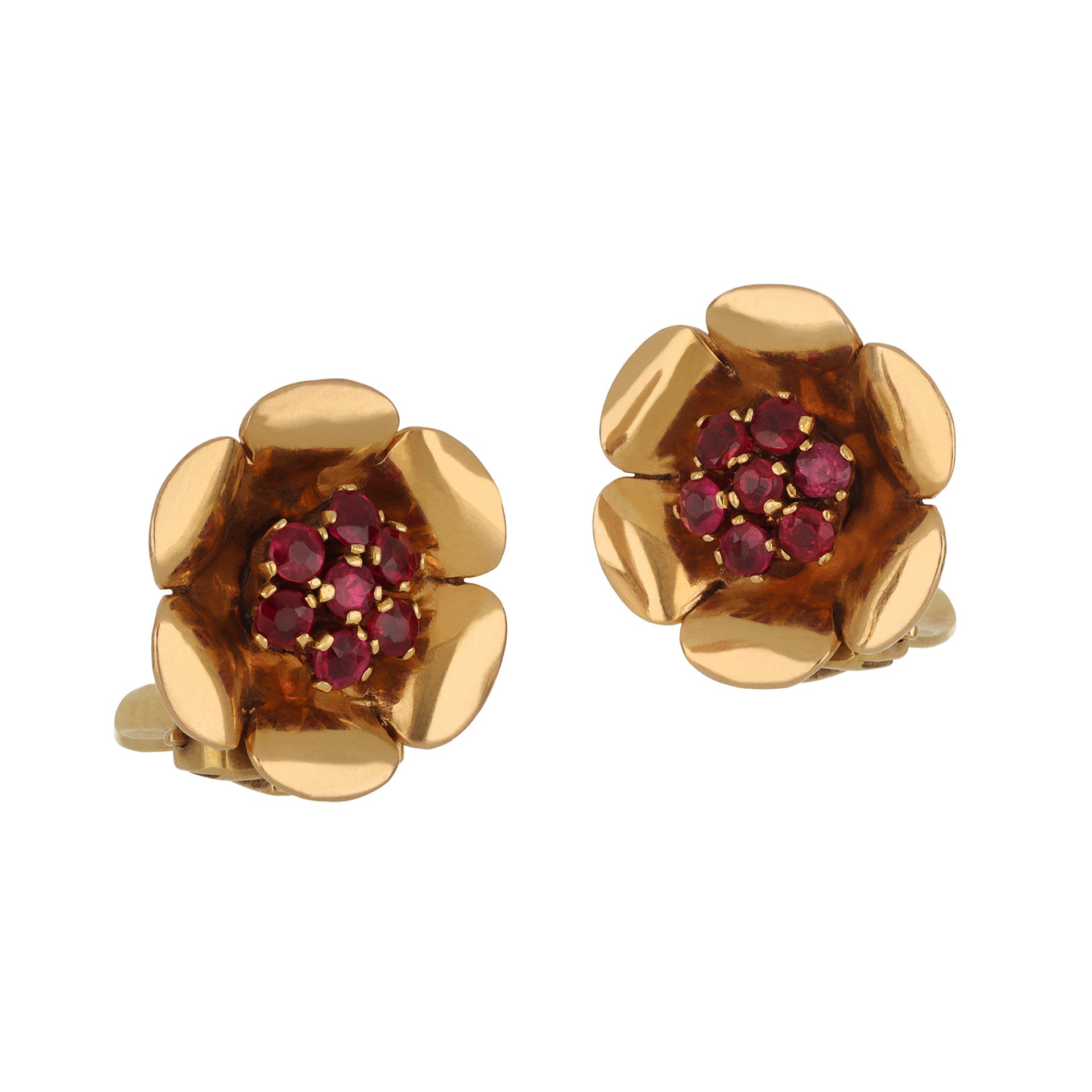 French 1940s 18KT Yellow Gold Ruby Earrings front