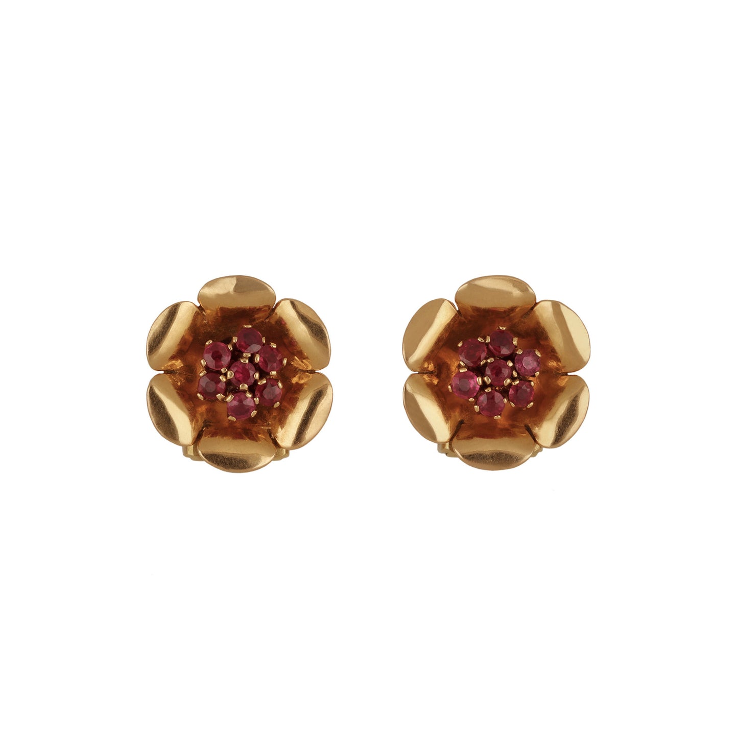 French 1940s 18KT Yellow Gold Ruby Earrings front