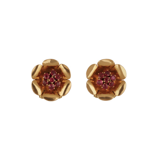 French 1940s 18KT Yellow Gold Ruby Earrings front
